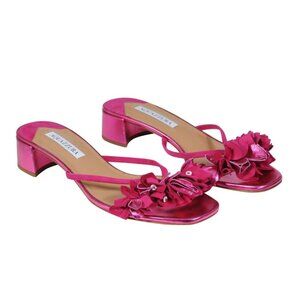 Aquazzura Women Metallic Floral Leather Sandals US9.5 EU39.5 Fuchsia Pink Mules
